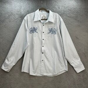 Red Level Nine Mens 2XL Button Down Shirt Blue White Stripe Embroidered Lion Y2K